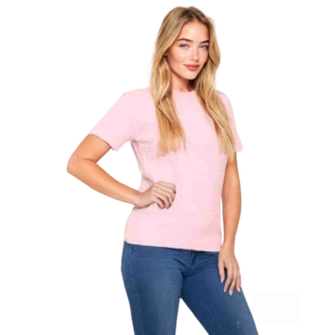 LUXE DIVA Women’s Short Sleeve Soft Smooth Cable Knitted Jumper Ladies Round Neck Oversized Pull Over Knit Warm Sweaters Top Plus Size 8-24