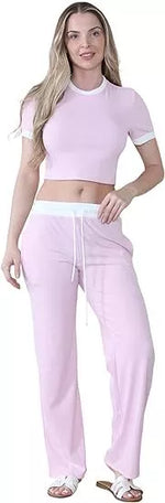 Load image into Gallery viewer, LUXEDIVA Cap Sleeve Crop Top White Stripe Contrast Pockets White Hem Draw String Trouser Set Tracksuit