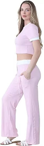 Load image into Gallery viewer, LUXEDIVA Cap Sleeve Crop Top White Stripe Contrast Pocket White Hem Draw String Trouser Set Tracksuit