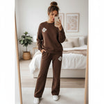 Load image into Gallery viewer, 2Pc Knitted Lounge Wear Sets for Women UK, Crew Neck Long Sleeve Top & Drawstring Trousers Tracksuit, Warm Casual Daily Knitwear Set