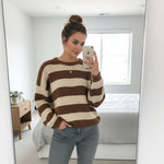 Load image into Gallery viewer, Chunky Knit Striped Women's Jumpers, Long Sleeve Crew Neck Oversized Ladies Jumper, Warm Knitted Sweater Tops, Winter Pullover Jumpers UK