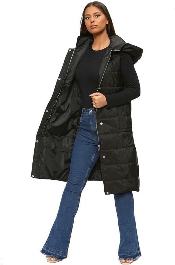 Ladies Padded Gilet Longline Hooded Jacket Quilted Winter Wear