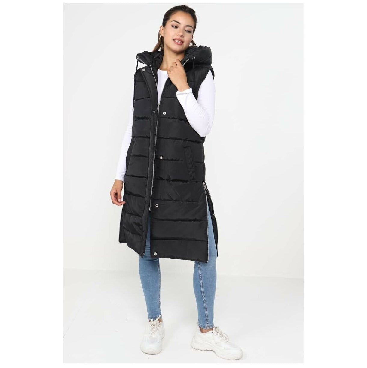 WomenÕs Long Hooded Puffer Gilet Ð Padded Body Warmer (Sizes 8Ð26)