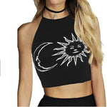 Load image into Gallery viewer, Womens Ladies New Sun Moon Print Tie Up Square Halter Neck Plain Crop Top Sleeveless Vest T Shirt Top
