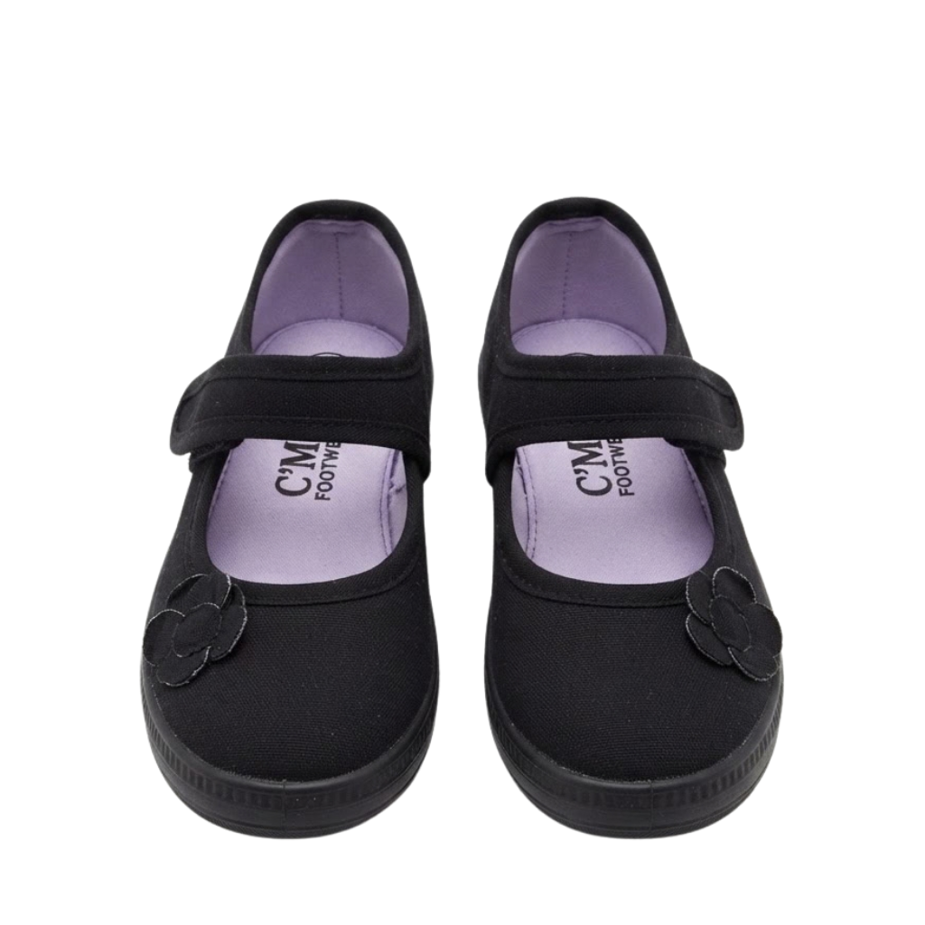 LUXE DIVA Girls Daisy Flower PE Pumps Black School Trainers with Touch Fastening for PE, Gym, Dance & Sports