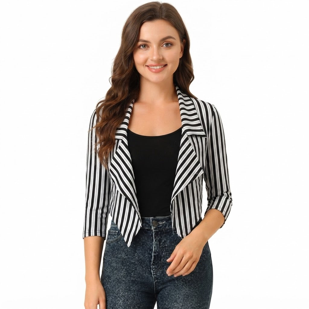 LUXE DIVA Women's Striped Waterfall Open Front Crop Blazer 3/4 Sleeves UK 8-26