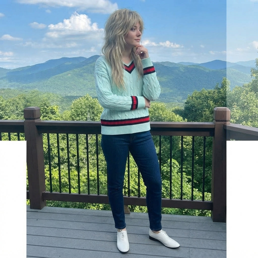 LUXE DIVA Women's Cable Knit V Neck Cricket Jumper Long Sleeve Sweater