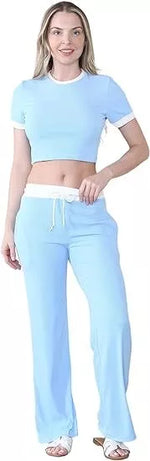 Load image into Gallery viewer, Ladies Women's ribbed contrast cap sleeve crop top trouser two piece Co ord set