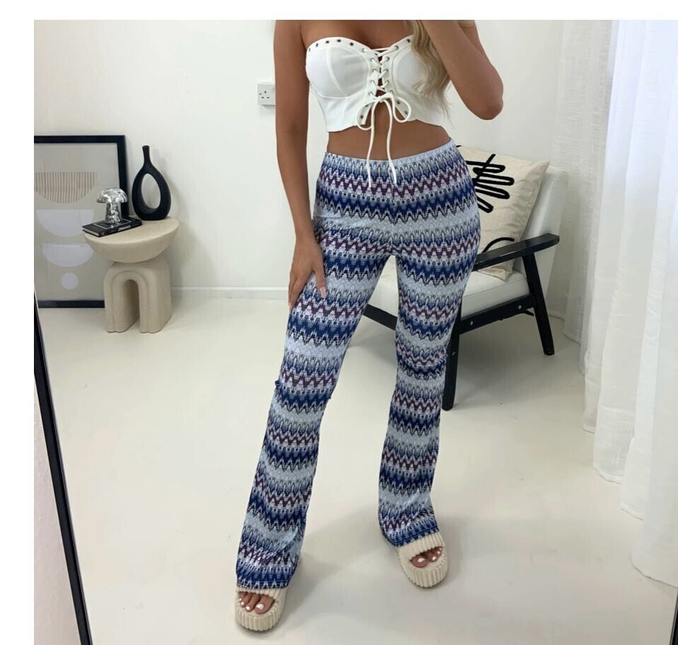 LADIES ZIG ZAG AZTEC PRINT FLAIR TROUSERS WOMEN BOOTCUT PANTS