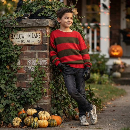 LUXE DIVA Kids Unisex Freddy Halloween Horror Costume Party Red Green Stripe Knitted Sweater - Boys Girl Long Sleeve Pullover Winter Sweatshirt