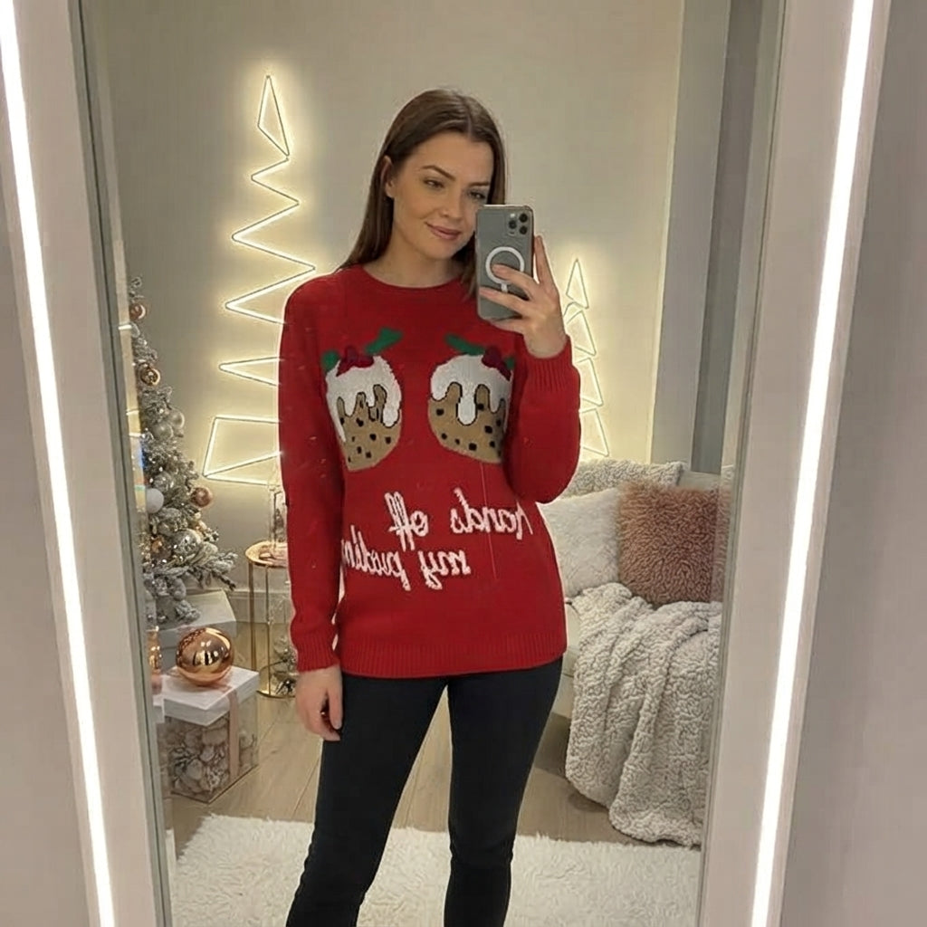 LUXE DIVA Women's Christmas Jumper Hands Off Pudding