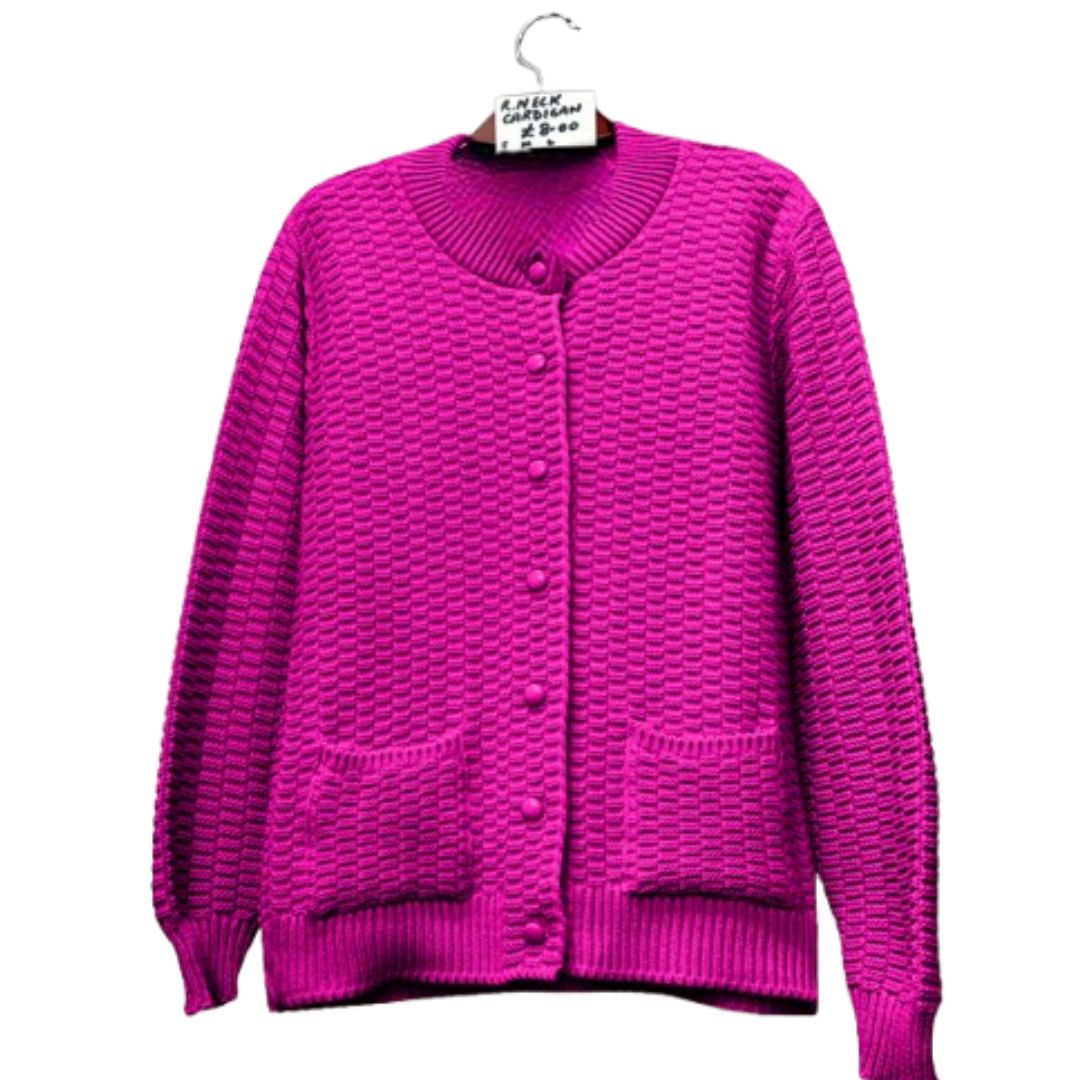 LUXE DIVA Womens Stitch Crew Neck Cardigan Ladies Knitted Pocket Front Button Up Long Sleeve Sweater UK 8-22
