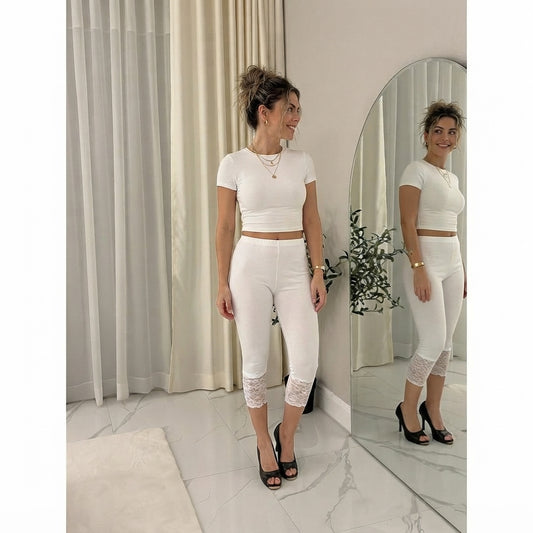 LUXE DIVA Women's Plus Size Lace Trim Capri Leggings Stretch Crop Leggings Summer Tights PantsS-3XL