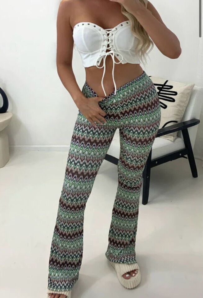 LADIES ZIG ZAG AZTEC PRINT FLAIR TROUSERS WOMEN BOOTCUT PANTS