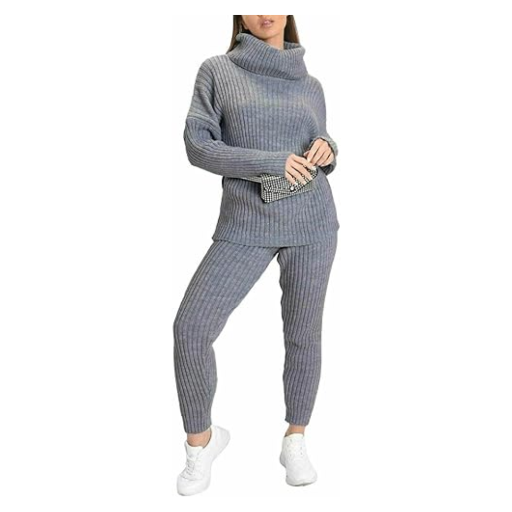 LUXE DIVA Ladies Chunky Knitted Ribbed Polo High Neck Top Set Womens L