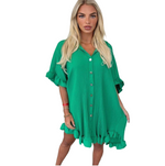 Load image into Gallery viewer, LUXE DIVA Women's Ladies Gold Button Pleated Frill Summer Shirt Swing Smock Mini Dress Top