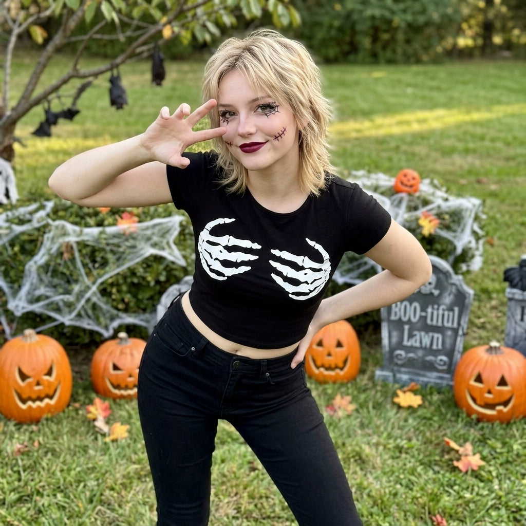 LUXE DIVA Ladies Hand Print Halloween Short Sleeve Crop Top Black Fancy Dress Costume