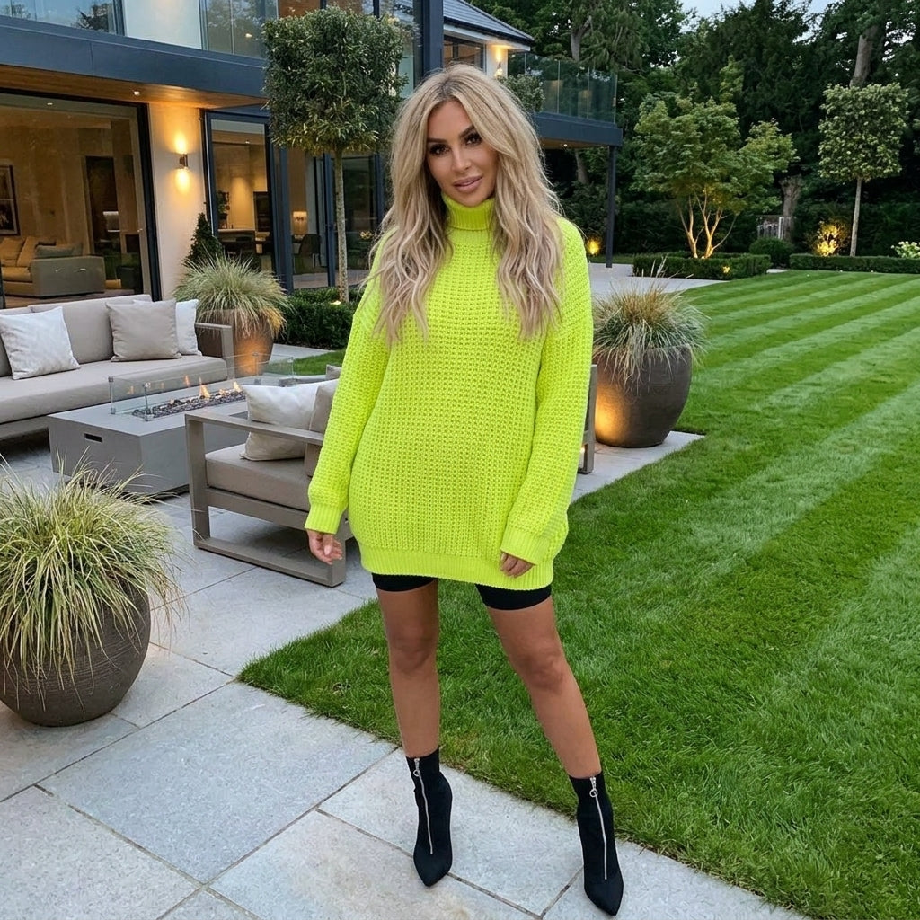 Women's Chunky Knitted Polo Neck Jumper Dress – Oversized Roll Neck Winter Sweater