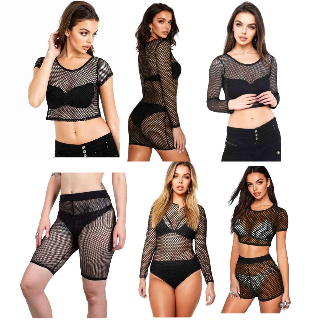 LUXE DIVA  women Ladies Fishnet Crop Tops ,Minidress Cycling Shorts & Hotpant