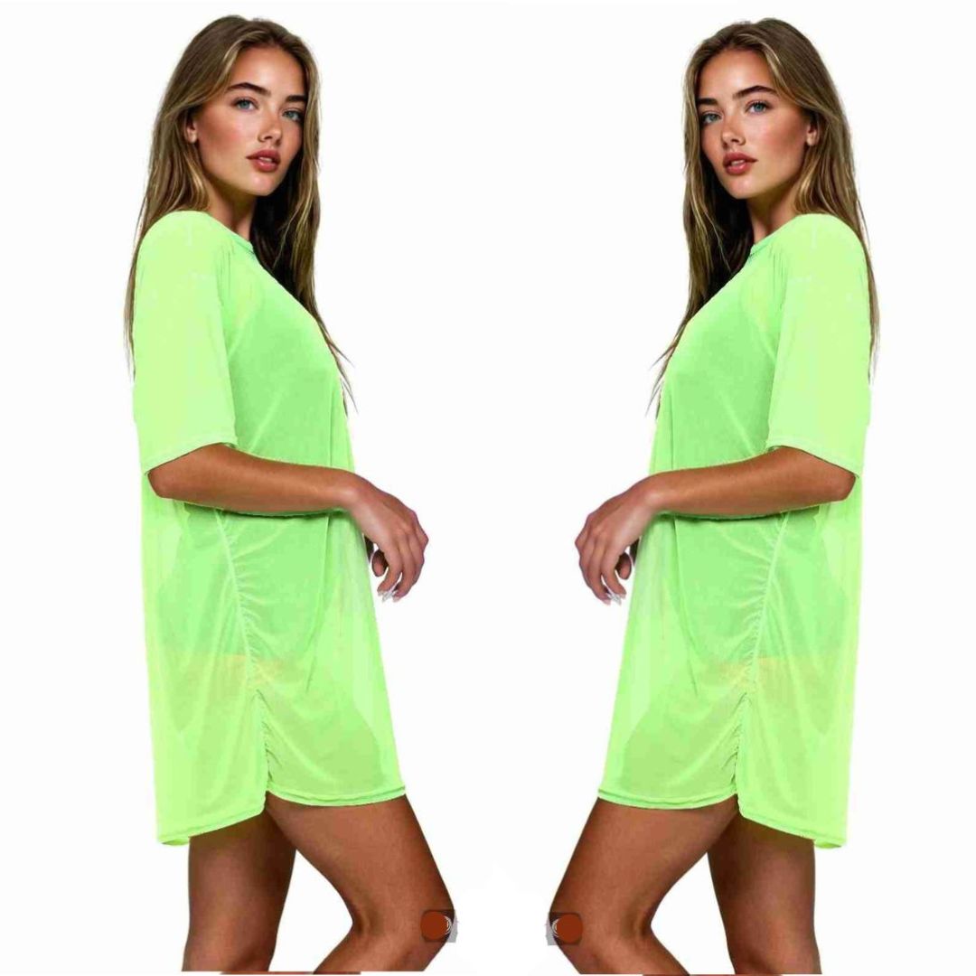 LUXE DIVA Womens Round Neck Fishnet Sheer Mesh Top Ladies Short Sleeve Tunic Baggy T-Shirt Dress