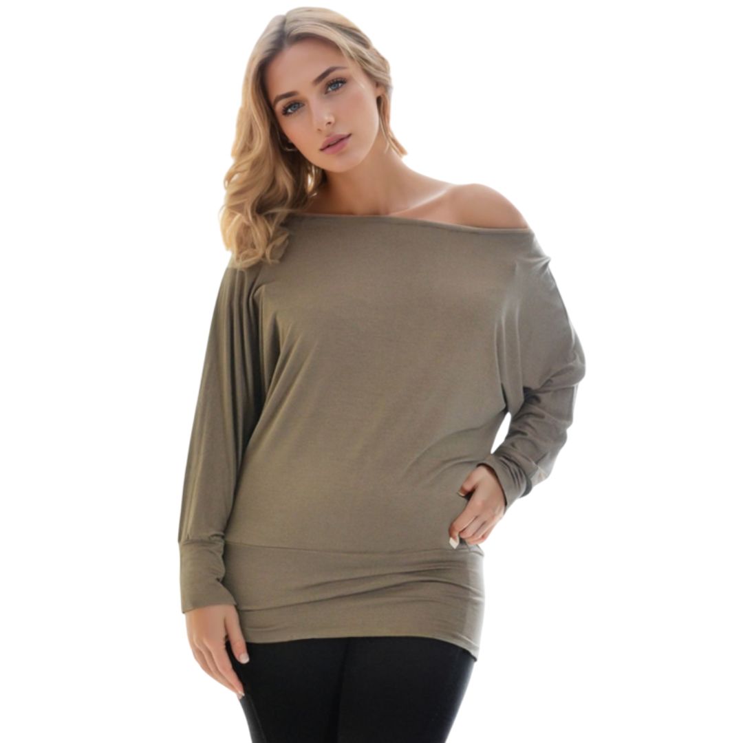 LUXE DIVA One Off-Shoulder Tops with Long Sleeves, Off Shoulder Batwing Jumper, Ladies Batwing Top in Black, Red, White Plus 21 Colors More UK
