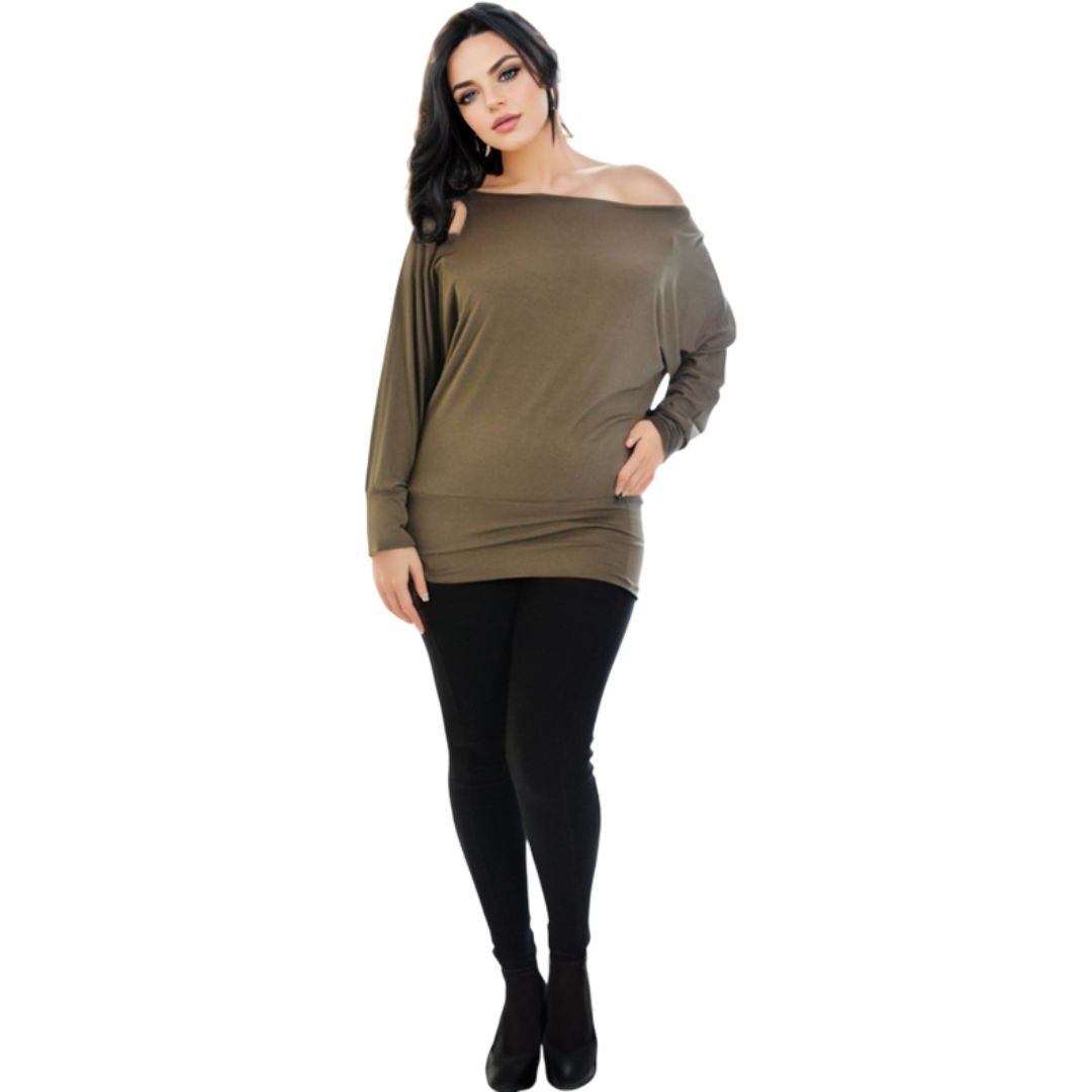 LUXE DIVA One Off-Shoulder Tops with Long Sleeves, Off Shoulder Batwing Jumper, Ladies Batwing Top in Black, Red, White Plus 21 Colors More UK