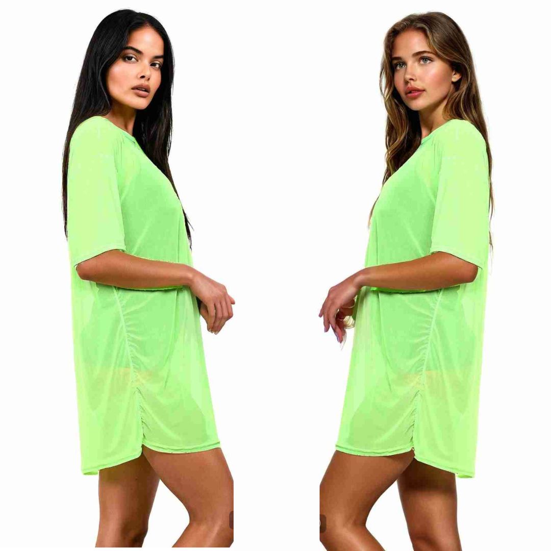 LUXE DIVA Womens Round Neck  Sheer Mesh Top Ladies Short Sleeve Tunic Baggy T-Shirt Dress