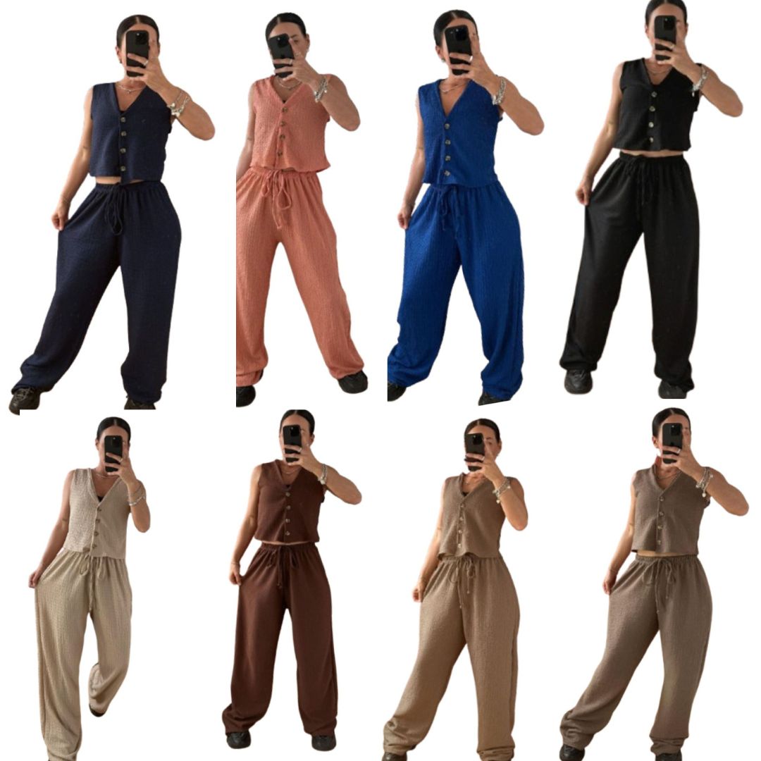 LUXE DIVA New Two Piece Wide Leg Pants Set Women's Spring New V-Neck Sleeveless Vest with Hanging Wide Leg Pants Casual Set