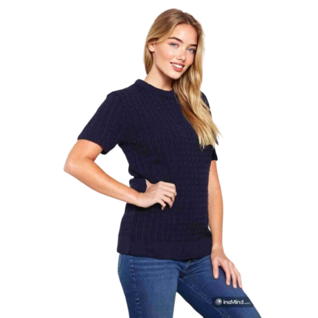 LUXE DIVA Women’s Short Sleeve Soft Smooth Cable Knitted Jumper Ladies Round Neck Oversized Pull Over Knit Warm Sweaters Top Plus Size 8-24