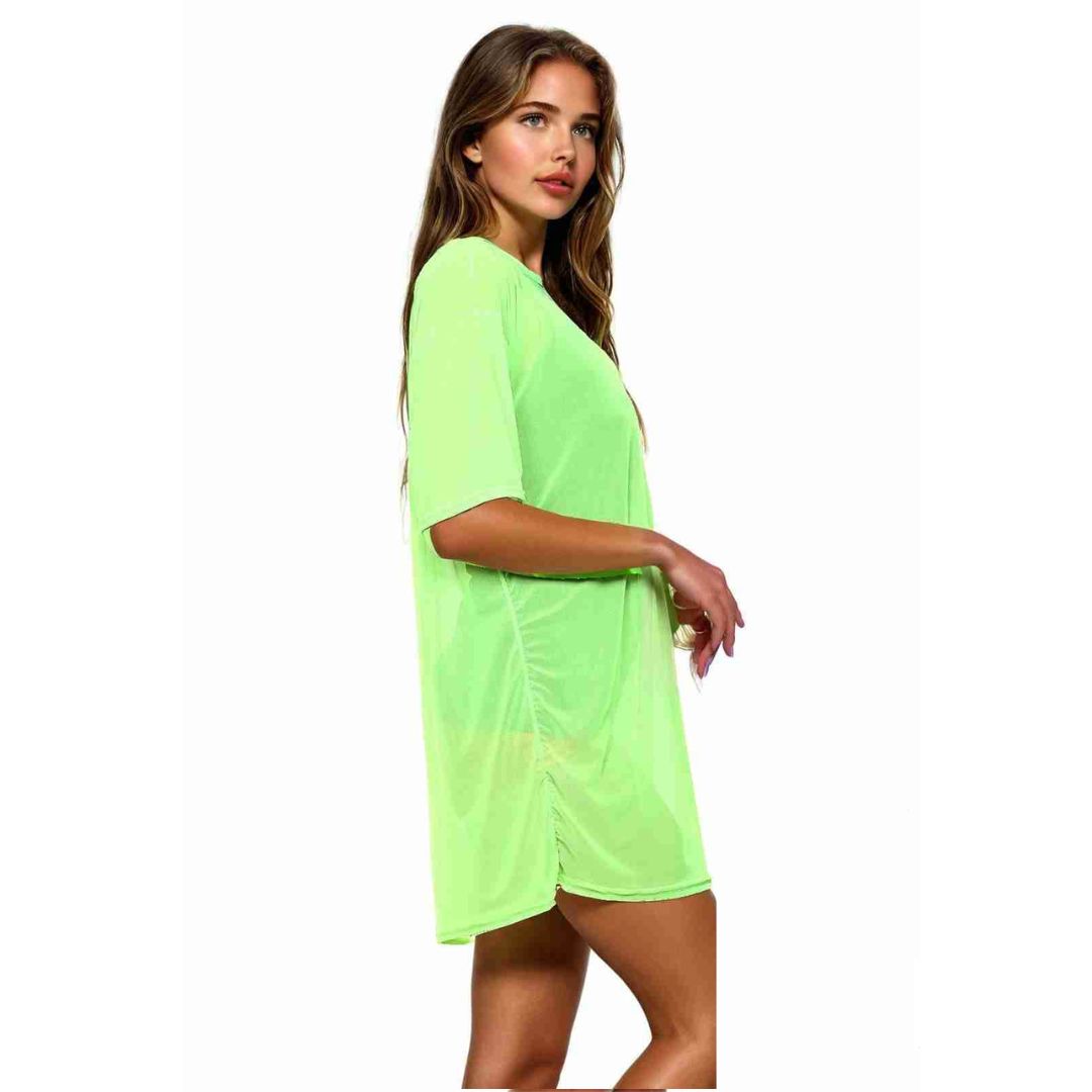 LUXE DIVA Womens Round Neck  Sheer Mesh Top Ladies Short Sleeve Tunic Baggy T-Shirt Dress