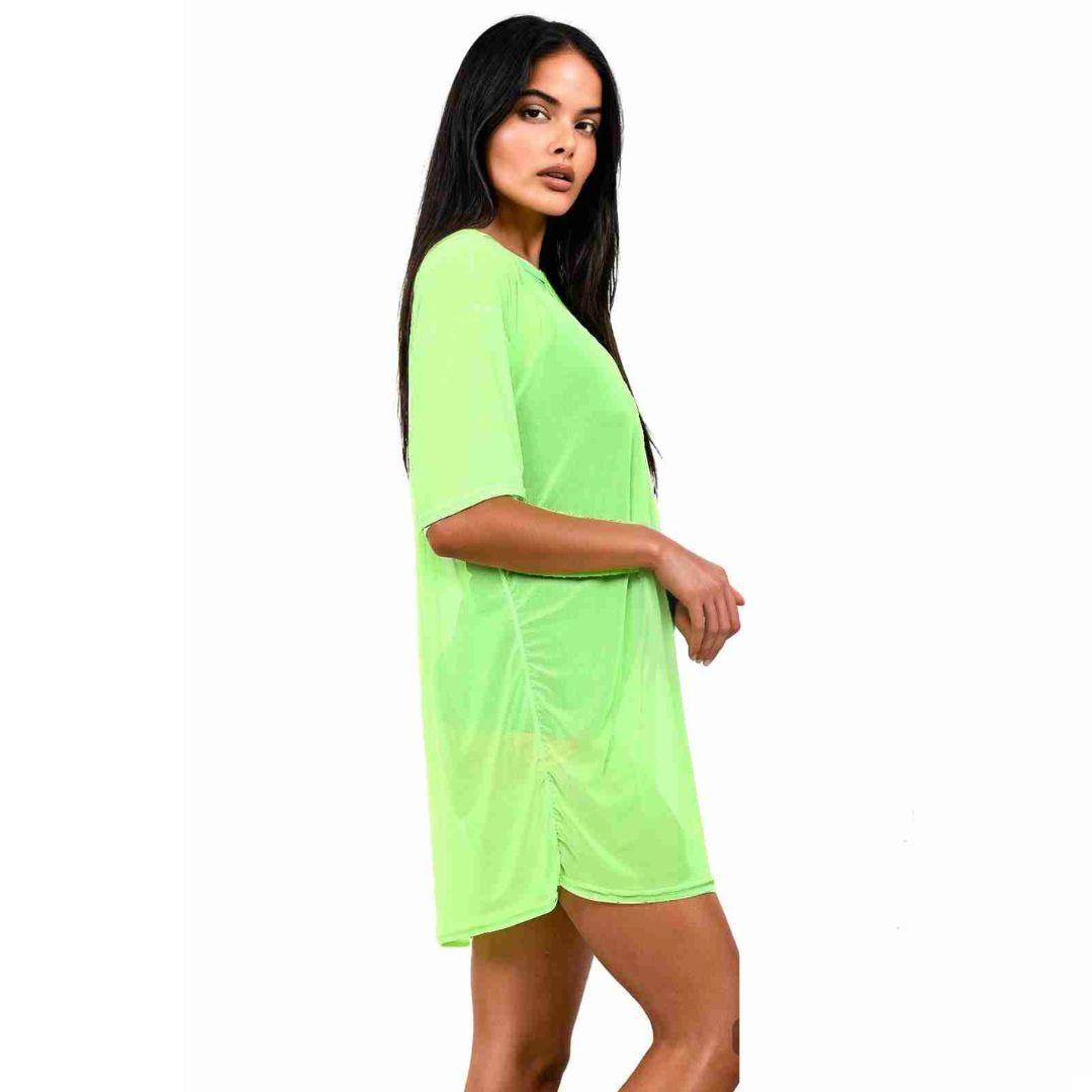 LUXE DIVA Womens Round Neck  Sheer Mesh Top Ladies Short Sleeve Tunic Baggy T-Shirt Dress