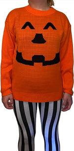 Load image into Gallery viewer, Pumpkin Face Knitted Halloween Jumper for Women in Black & Orange Round Neck Long Sleeve Top Women's Halloween Pumpkin Face Knitted Jumper Ladies Plus Size Sweater UK 8-22