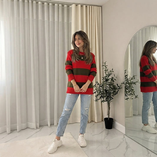 LUXE DIVA Women’s Red Green Stripe Knitted Jumper Ladies Halloween Fancy Dress Sweater Top Girls Long Sleeve Knitted Pullover Winter Sweatshirt