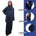 Load image into Gallery viewer, LUXE DIVA Womens Gold Trim Dubai Abaya With Scarf Islamic Muslim Jilbab Long Maxi Dress
