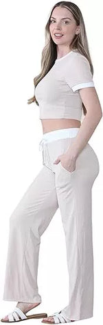 Load image into Gallery viewer, LUXEDIVA Cap Sleeve Crop Top White Stripe Contrast Pocket White Hem Draw String Trouser Set Tracksuit