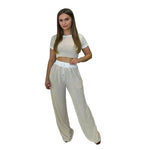 Load image into Gallery viewer, LUXEDIVA Cap Sleeve Crop Top White Stripe Contrast Pocket White Hem Draw String Trouser Set Tracksuit