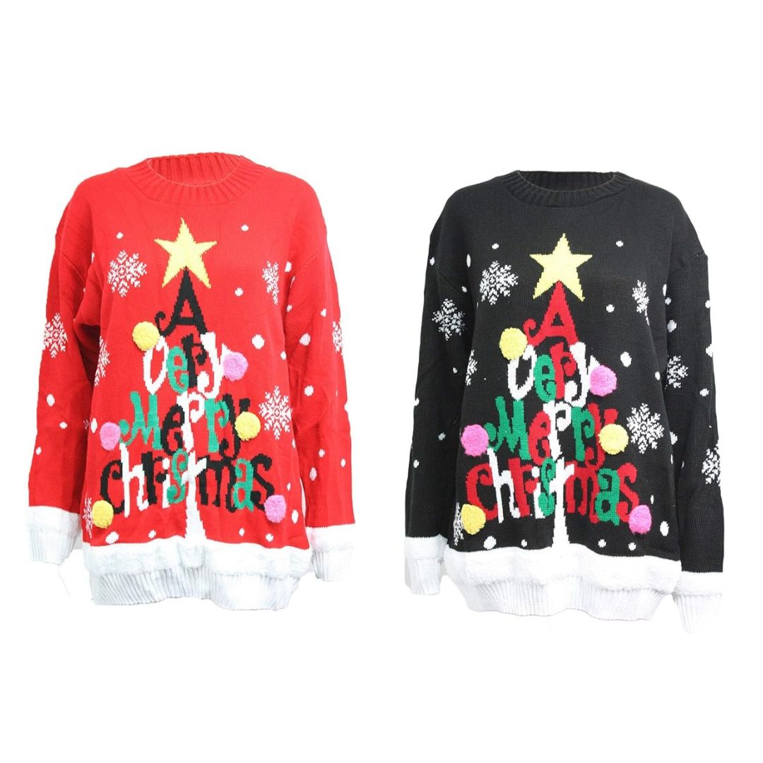 LUXE DIVA Women's Knitted Rudolph on wall Xmas Snowflake Ladies kids Reindeer Pom Jumpers