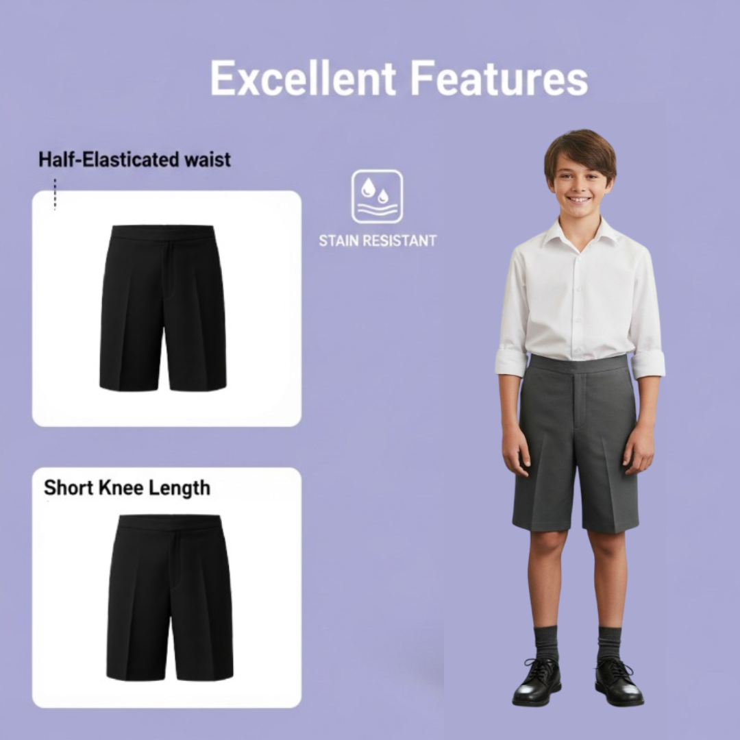 LUXE DIVA Boys School Shorts – Classic Black Knee-Length Uniform Shorts with Pockets, Easy Pull-On Design, Half Elastic Waistband for Ages 2-10 Years