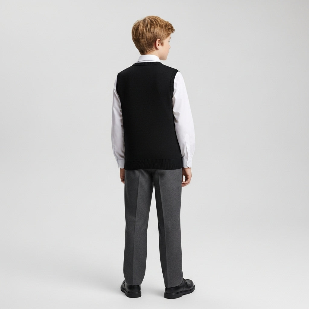 LUXE DIVA Kids Black V-Neck Knitted School Tank Top – Sleeveless Uniform Sweater Vest for Boys Ages 3–13 – Classic Fit, Soft & Durable Fabric