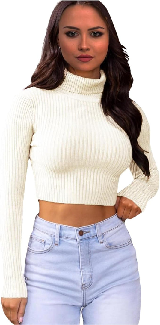 LUXE DIVA Womens Long Sleeves knitted Ribbed Polo Neck Crop Top