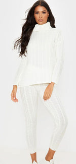 Load image into Gallery viewer, Ladies chunky cable knitted polo high neck top leggings loungewear suit set