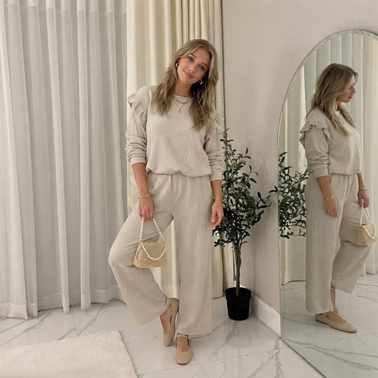 LUXE DIVA Ladies Frill arm Long Sleeve 2pcs Women's Wide Flared Leggings Trouser Loungewear Suit