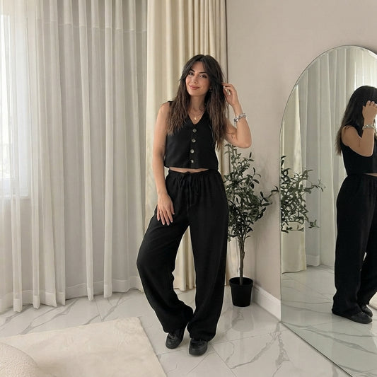 LUXE DIVA New Two Piece Wide Leg Pants Set Women's Spring New V-Neck Sleeveless Vest with Hanging Wide Leg Pants Casual Set