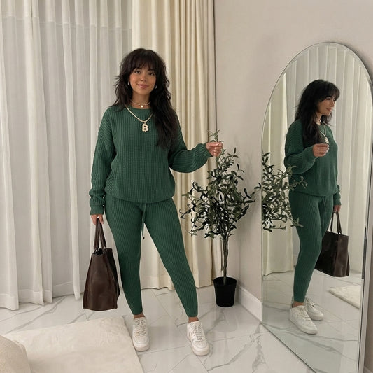 LUXE DIVA Women's 2pcs Round Neck Drop Shoulder Long Sleeve Top & Drawstring Waist Pant, Casual Slim Solid Sweater Set Knitwear