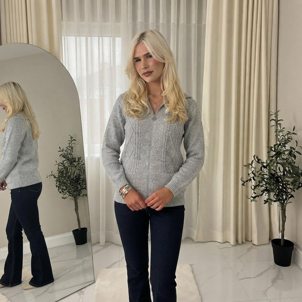 LUXE DIVA Womens Collar Zip Cable Knit Cardigan Ladies Long Sleeve Pullover Pocket Jumper