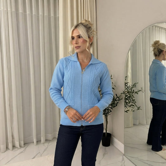 Women's Ladies Knitted Cable Zipper Collar 2 Pockets Zip All The Way Down 8-14