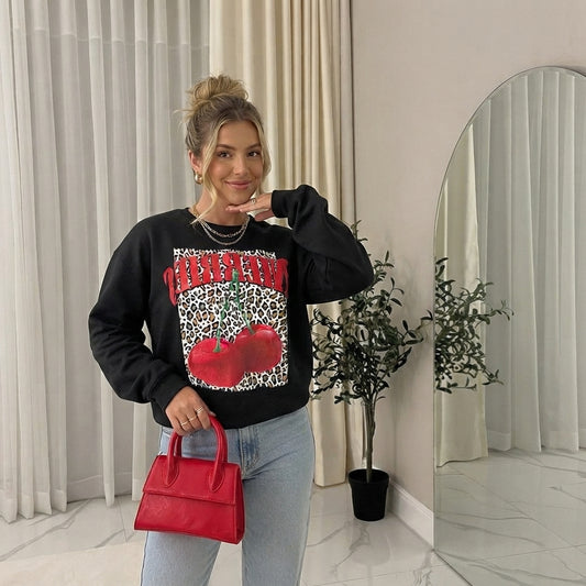 LUXE DIVA Ladies Long Sleeve Cherries Leopard Print Sweatshirt