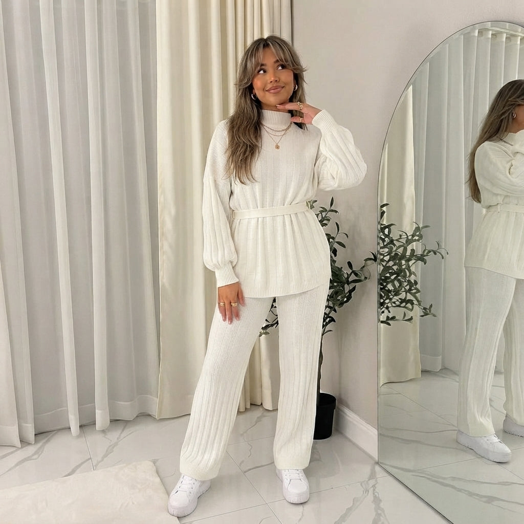 LUXE DIVA Women's High Neck Belted Knitted Two Piece Lounge Wear Set