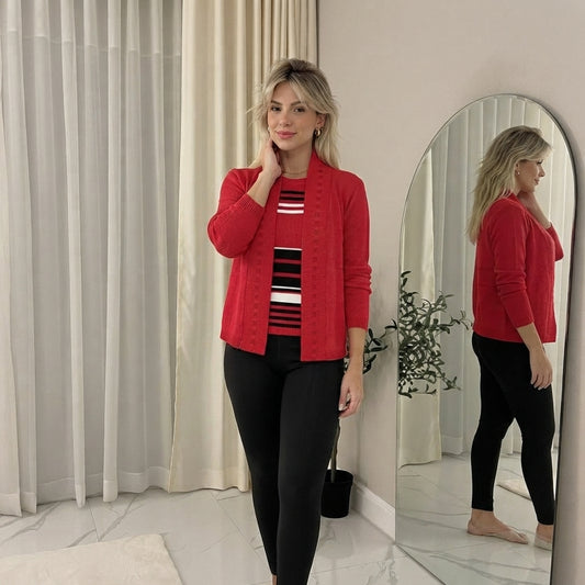 LUXE DIVA Ladies Short Sleeve New Twin Set Striped Crew Neck Knitted Cardigan Jumpers