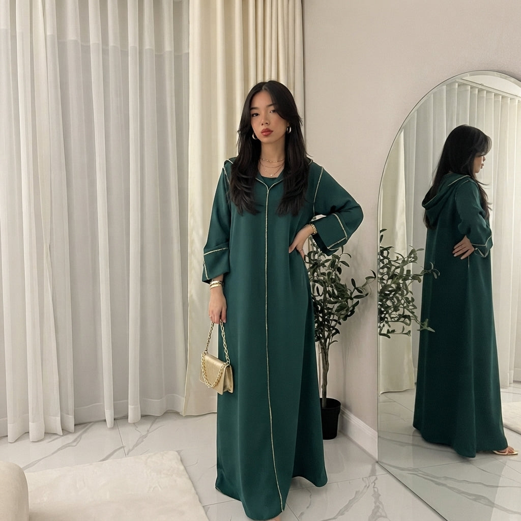LUXE DIVA Women’s Gold Trim Abaya With Scarf Maxi Dress